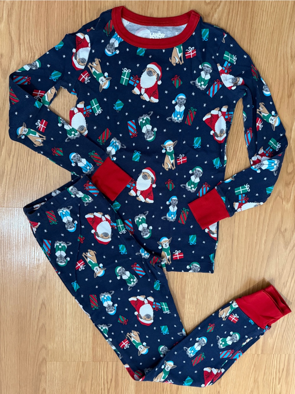 Lands' End Navy Blue Christmas Dog Cat Pajama Set Kids 12